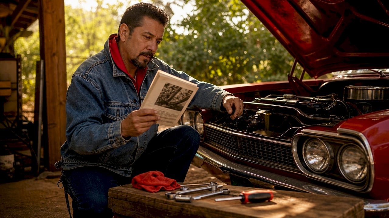 Man checking car engine with law booklet