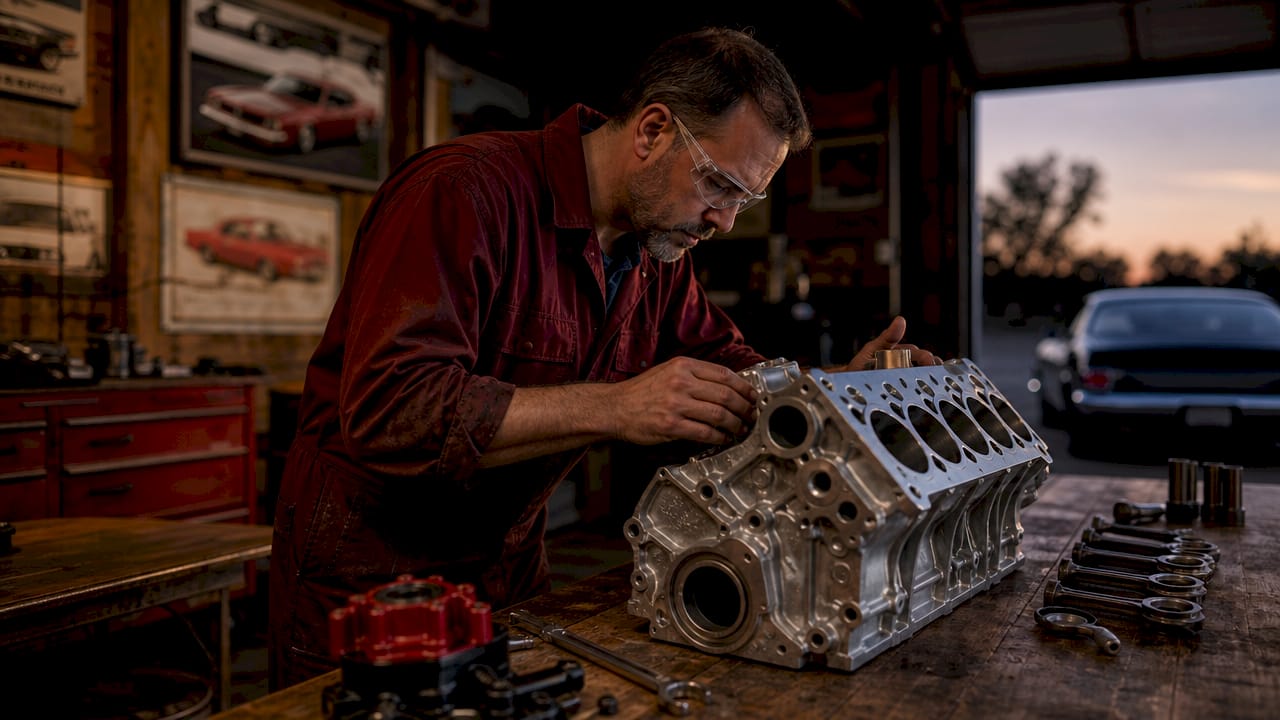 Engineer inspecting aluminum engine block in workshop