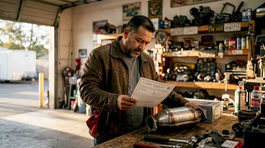 Man inspecting CARB compliance documents and car parts