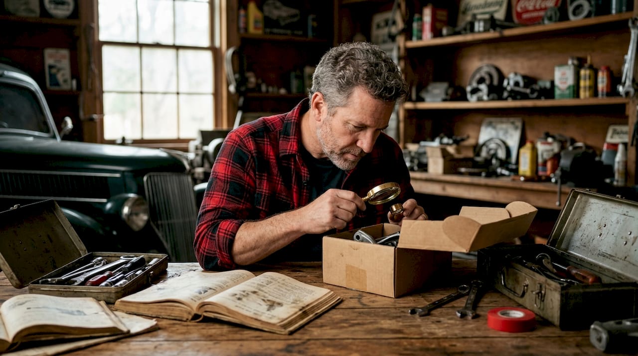Man inspecting auto part box at home table
