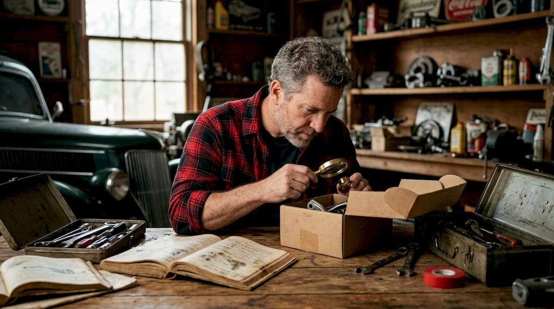 Man inspecting auto part box at home table