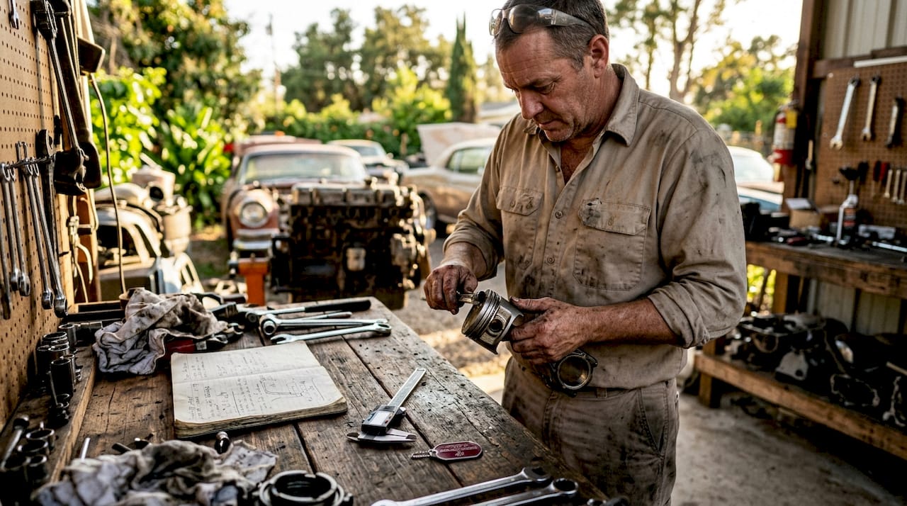 Mechanic inspecting forged piston and connecting rod set