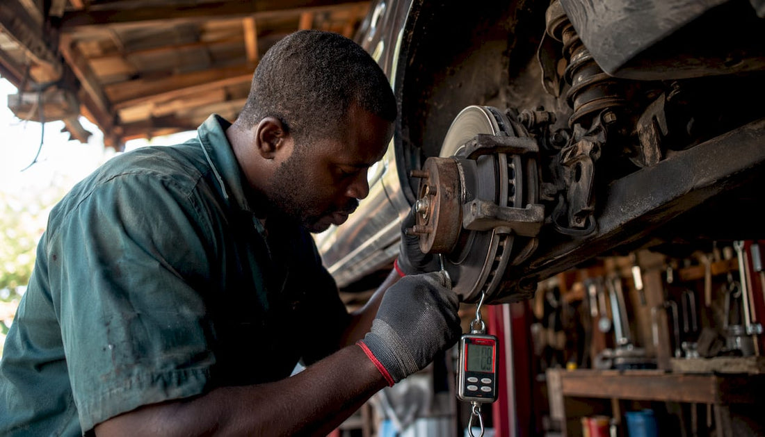 Mechanic inspecting car brake assembly in workshop