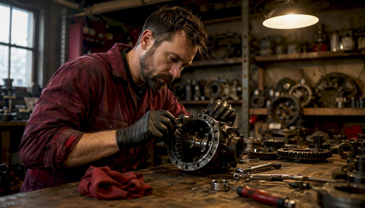 Technician inspecting racing differential parts