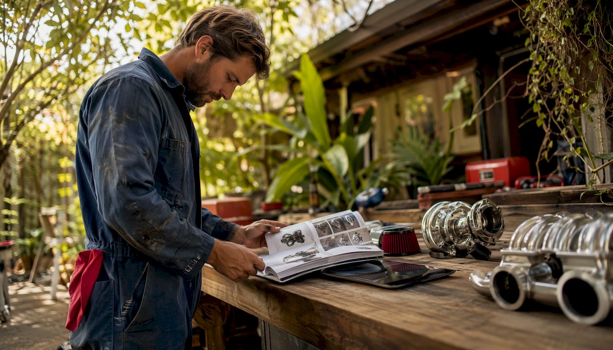 Engineer reviewing automotive performance parts catalog