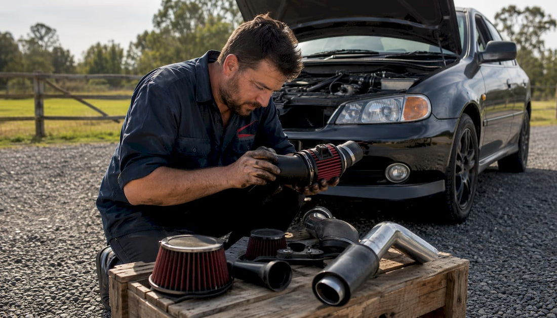 Man upgrading car engine parts outdoors