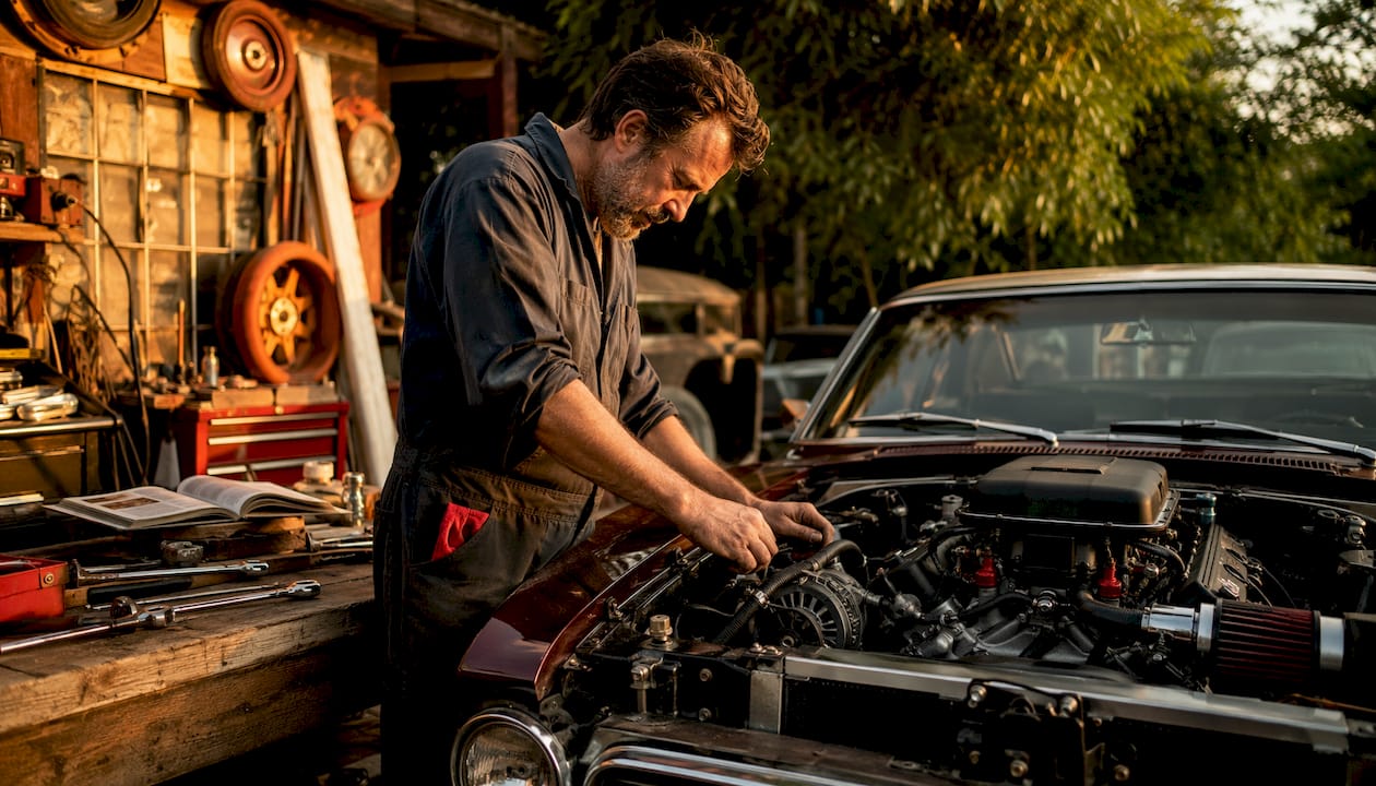 Mechanic working on classic car engine in garage