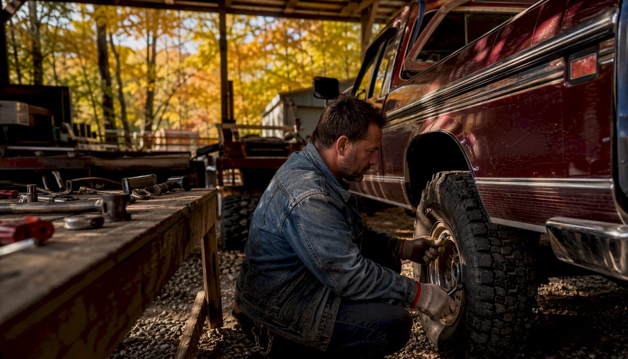 Man working on vintage pickup truck in garage workshop