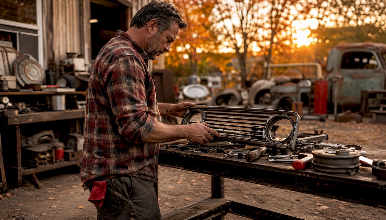 Man inspecting classic truck part on bench