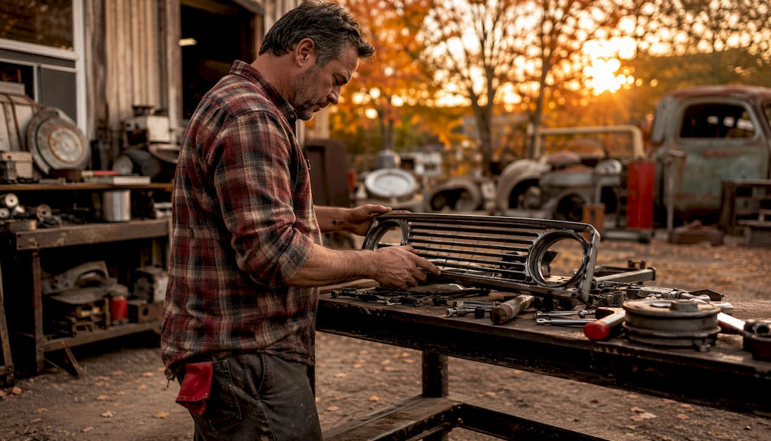 Man inspecting classic truck part on bench