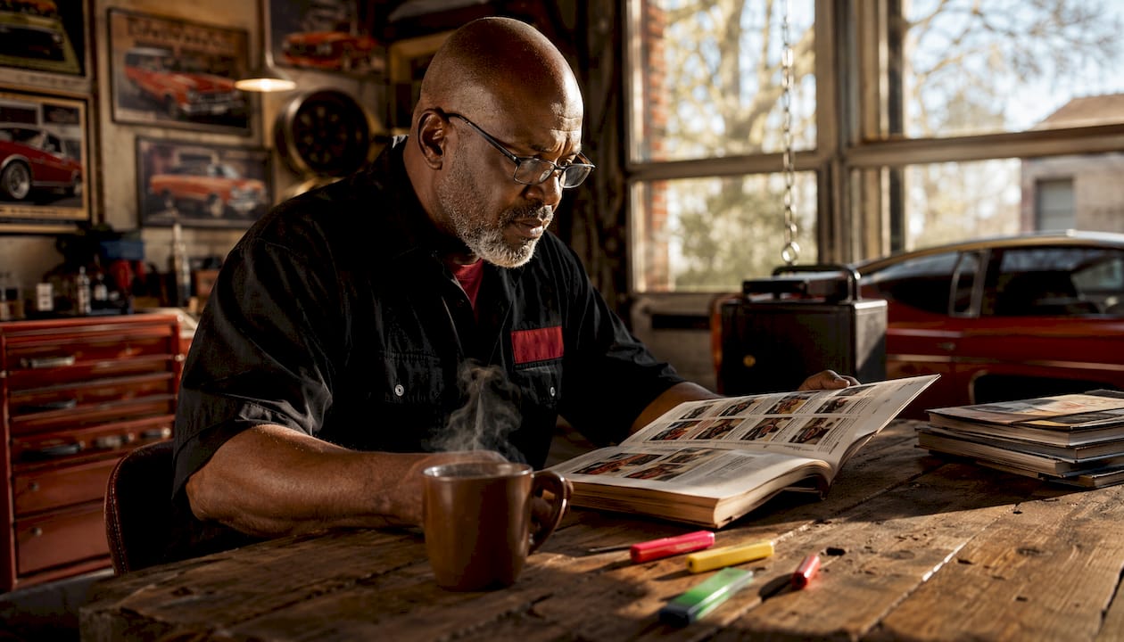 Veteran reviewing auto parts business directory