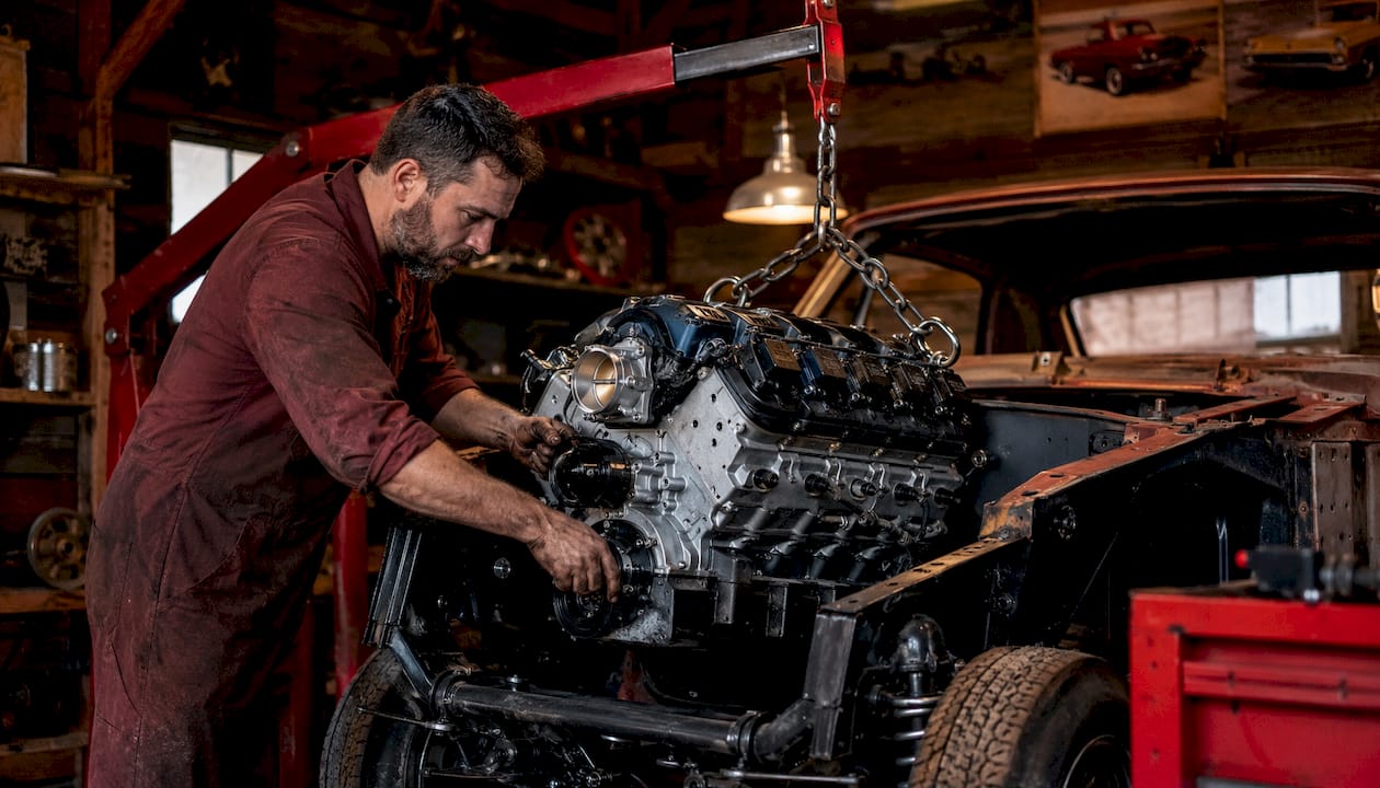 Mechanic installing LS engine into car chassis
