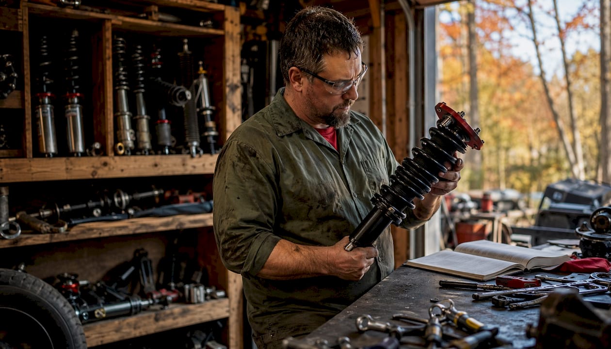Mechanic inspecting Tundra suspension part in garage