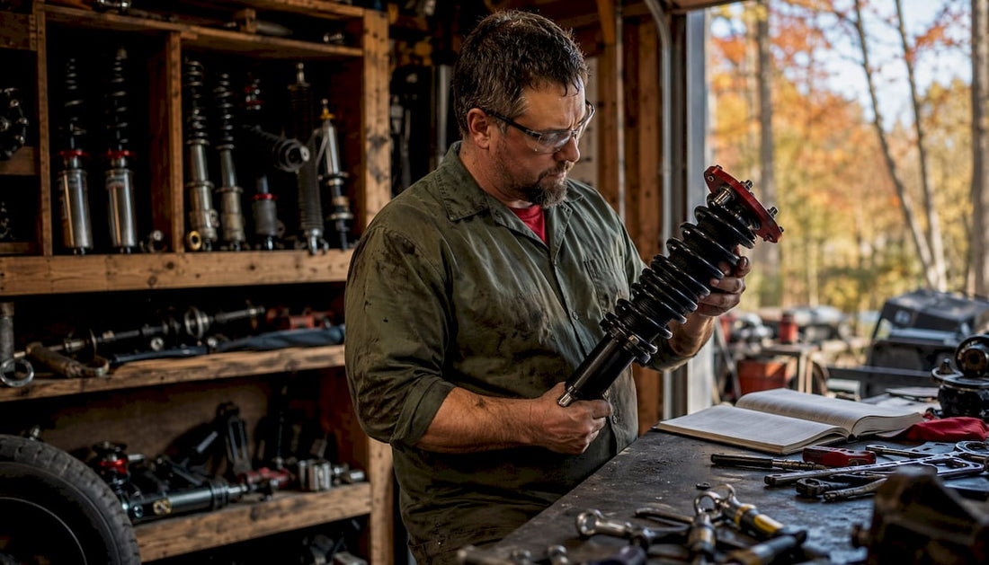 Mechanic inspecting Tundra suspension part in garage
