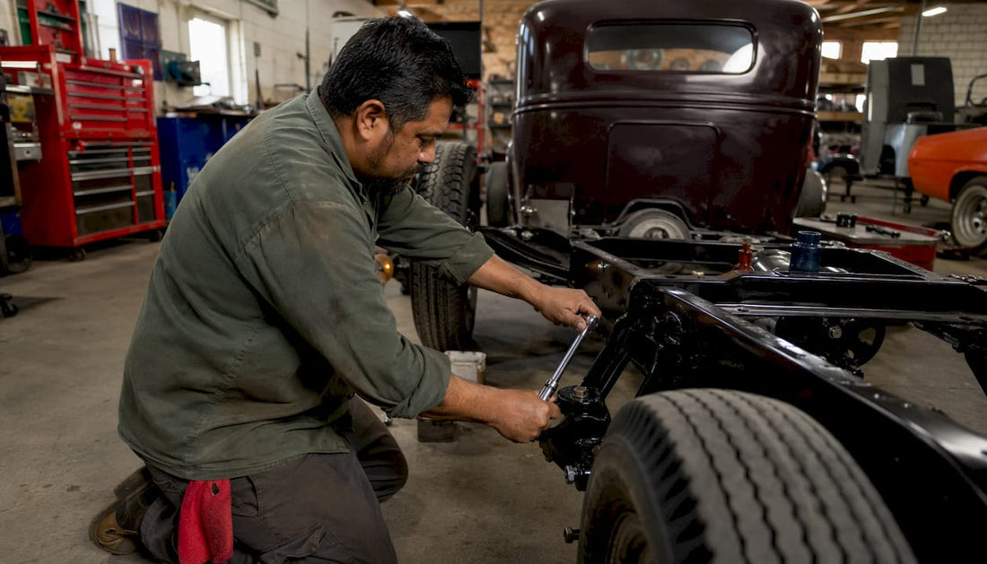 Man inspecting classic truck chassis in workshop