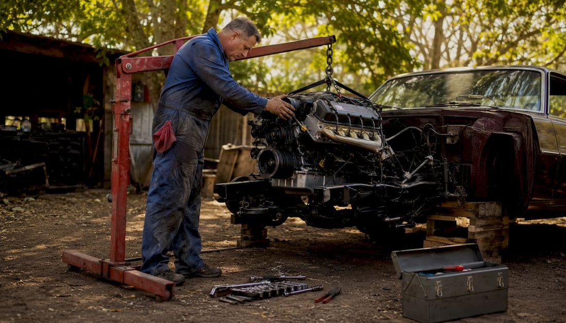 Mechanic positioning LS engine on hoist in garage