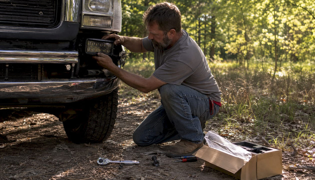 Man installing LED truck headlight outdoors