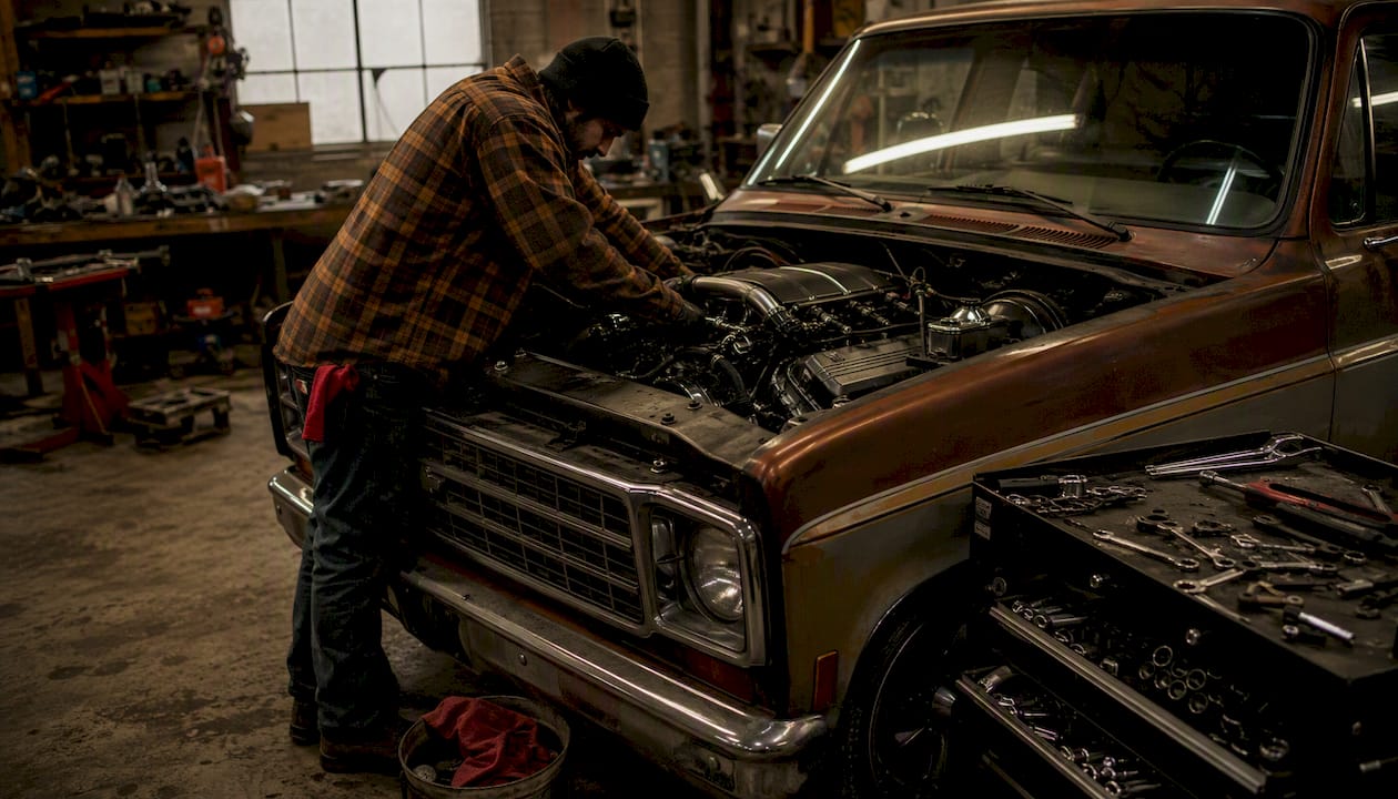 Mechanic working on C10 LS swap engine bay