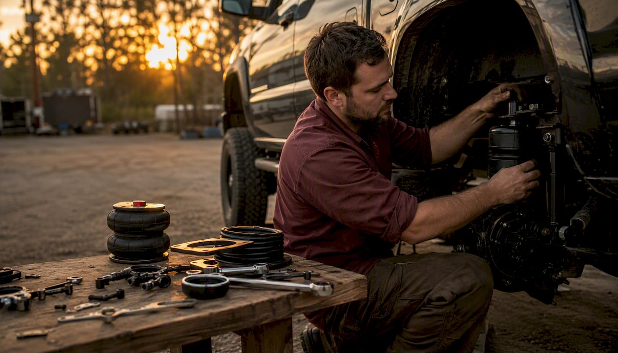 Technician installing air suspension kit on truck