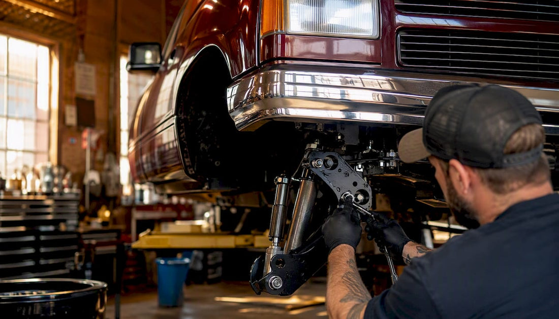Mechanic installing lowering kit on truck suspension