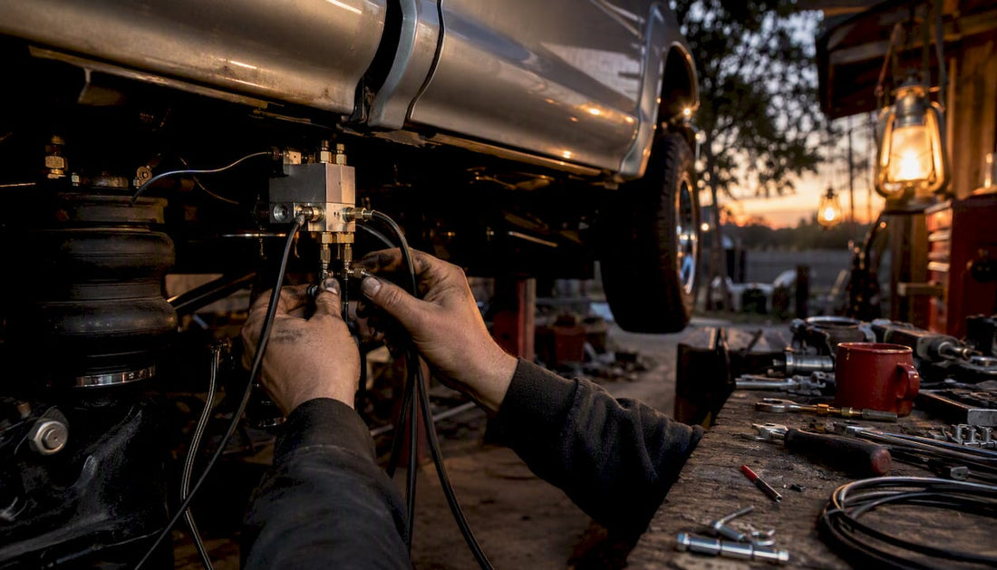 Hands installing air suspension components on truck