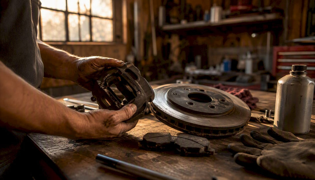 Mechanic hands removing overheated brake caliper