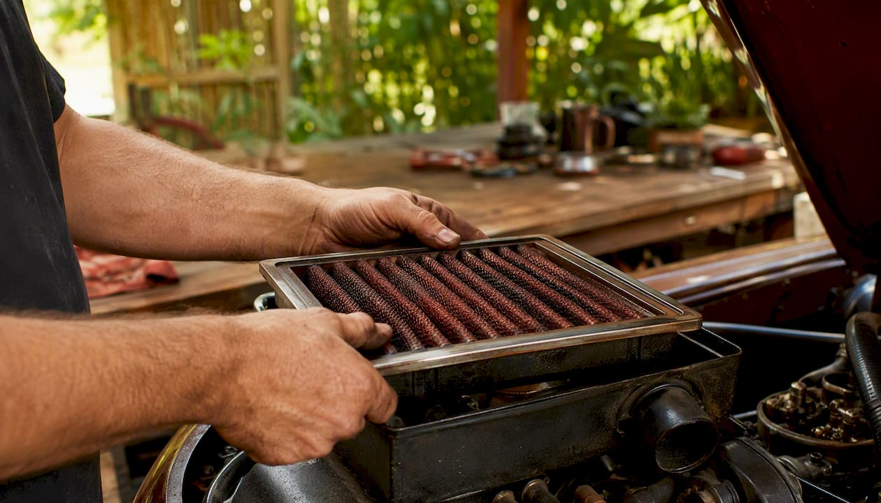 Hands installing reusable air filter in vehicle