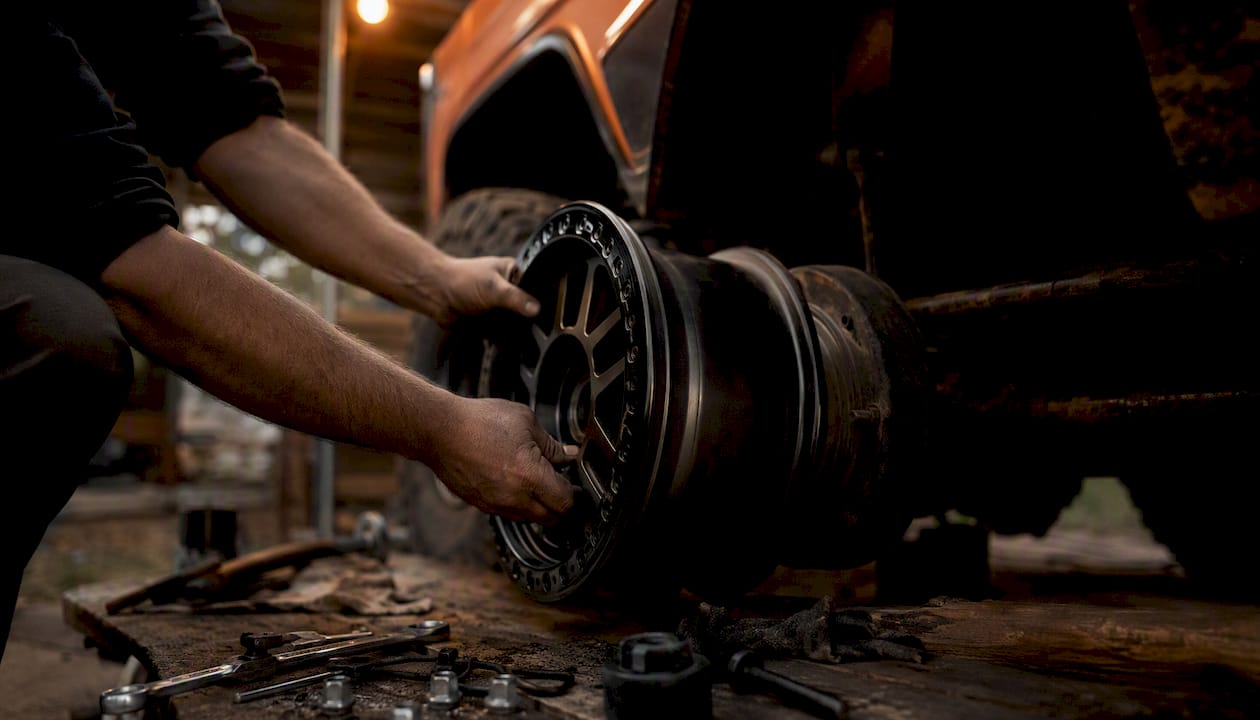 Hands installing aftermarket truck wheel