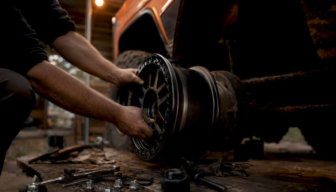 Hands installing aftermarket truck wheel