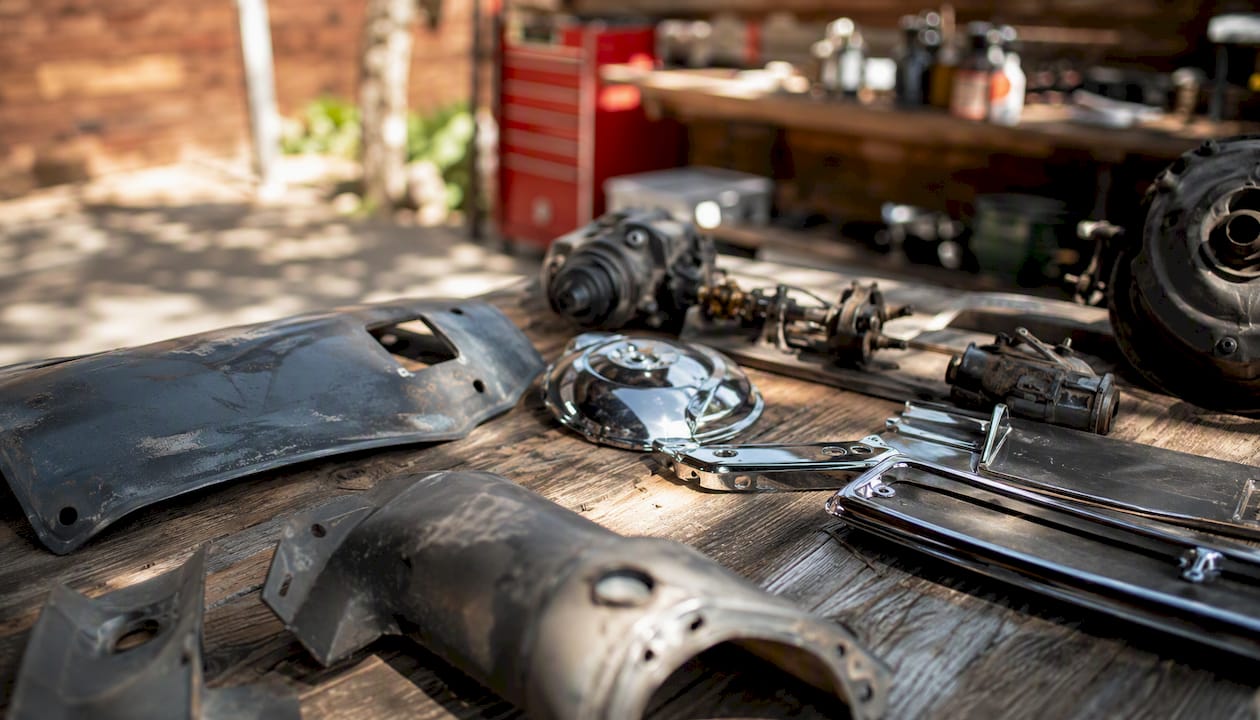 Chevy C10 restoration parts on workshop bench