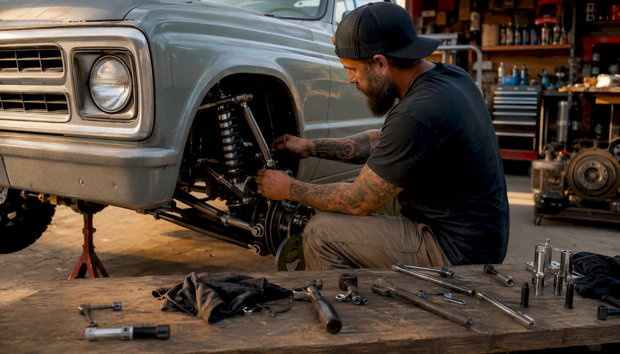 Mechanic adjusting 1970 Chevy C10 coilover suspension
