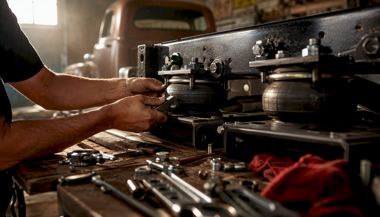 Hands installing air springs on truck frame