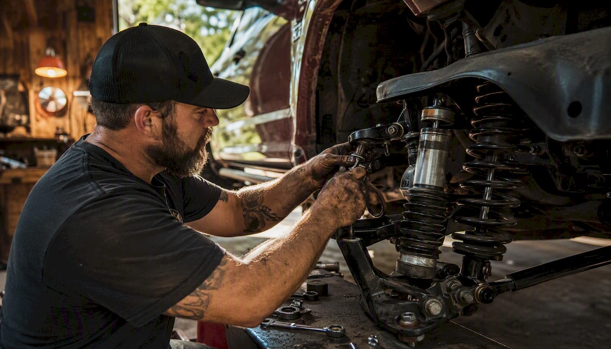 Hands installing F-150 suspension components