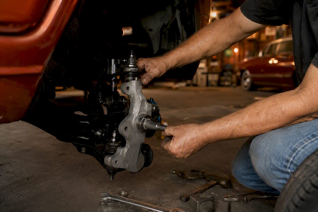 Hands installing drop spindle on truck front suspension