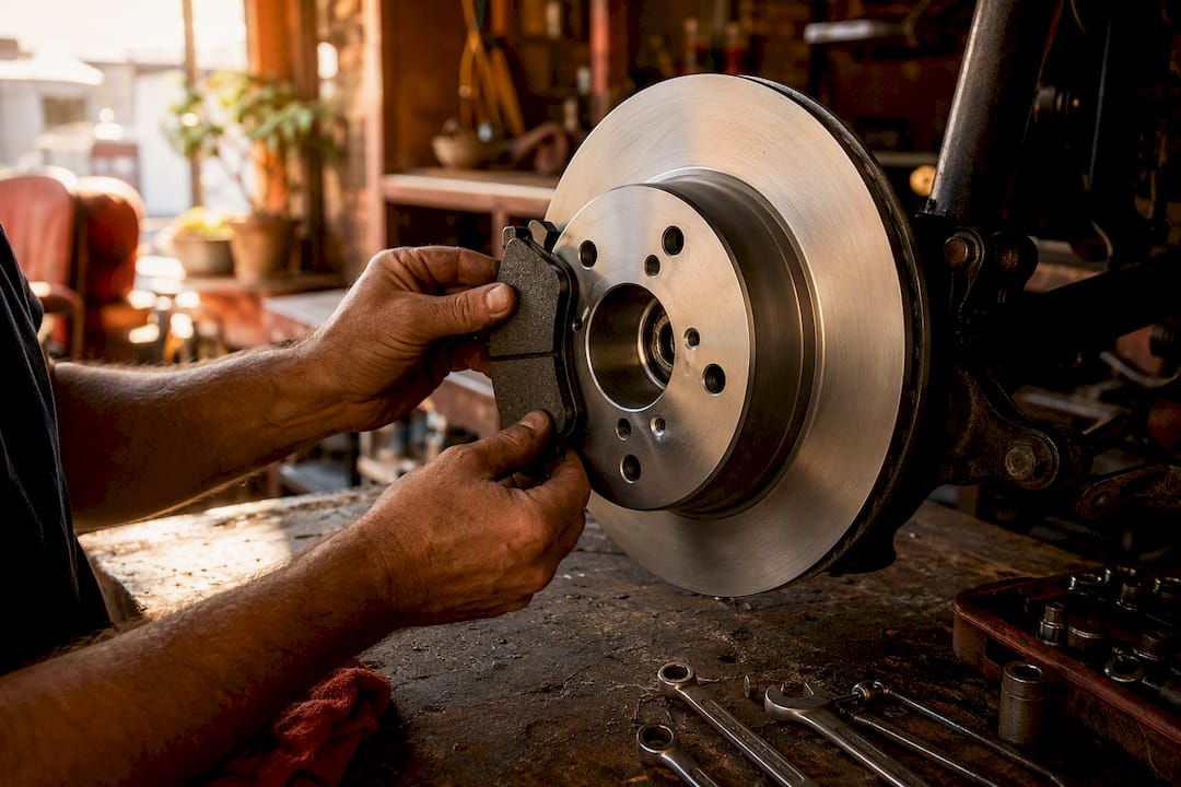 Hands installing brake pads on rotor