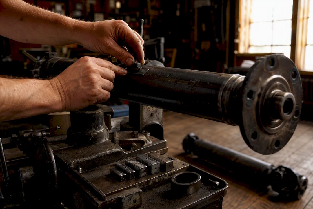 Technician attaching balancing weight on driveshaft