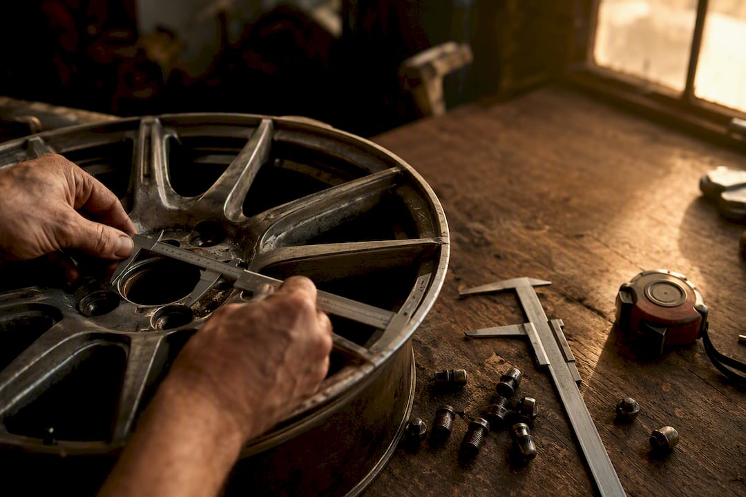 Hands measuring wheel bolt pattern on wheel