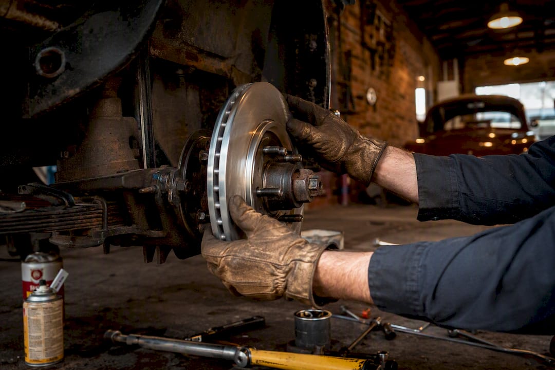 Hands installing brake rotor in garage
