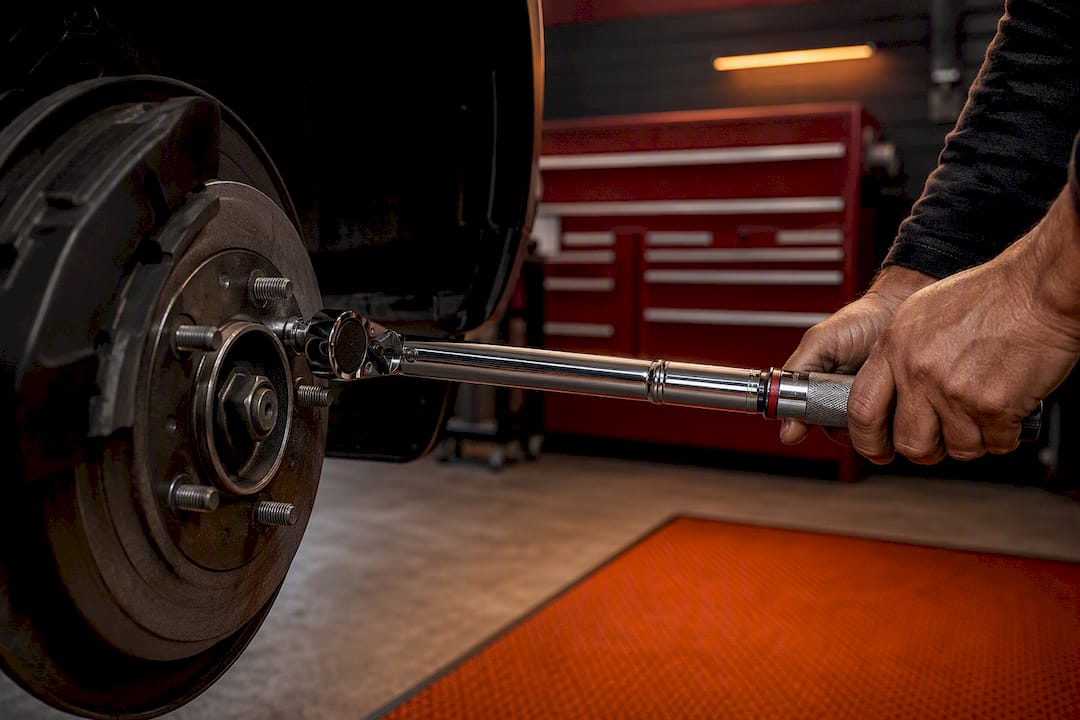 Technician torquing an anonymous wheel hub