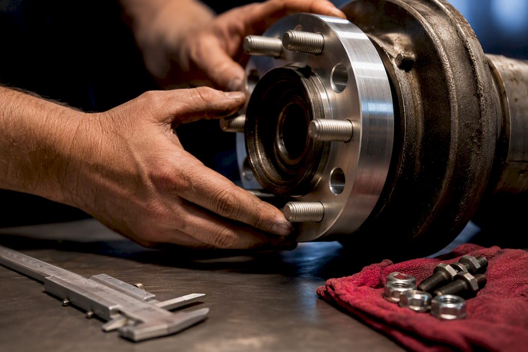 Technician checking wheel spacer hub seating