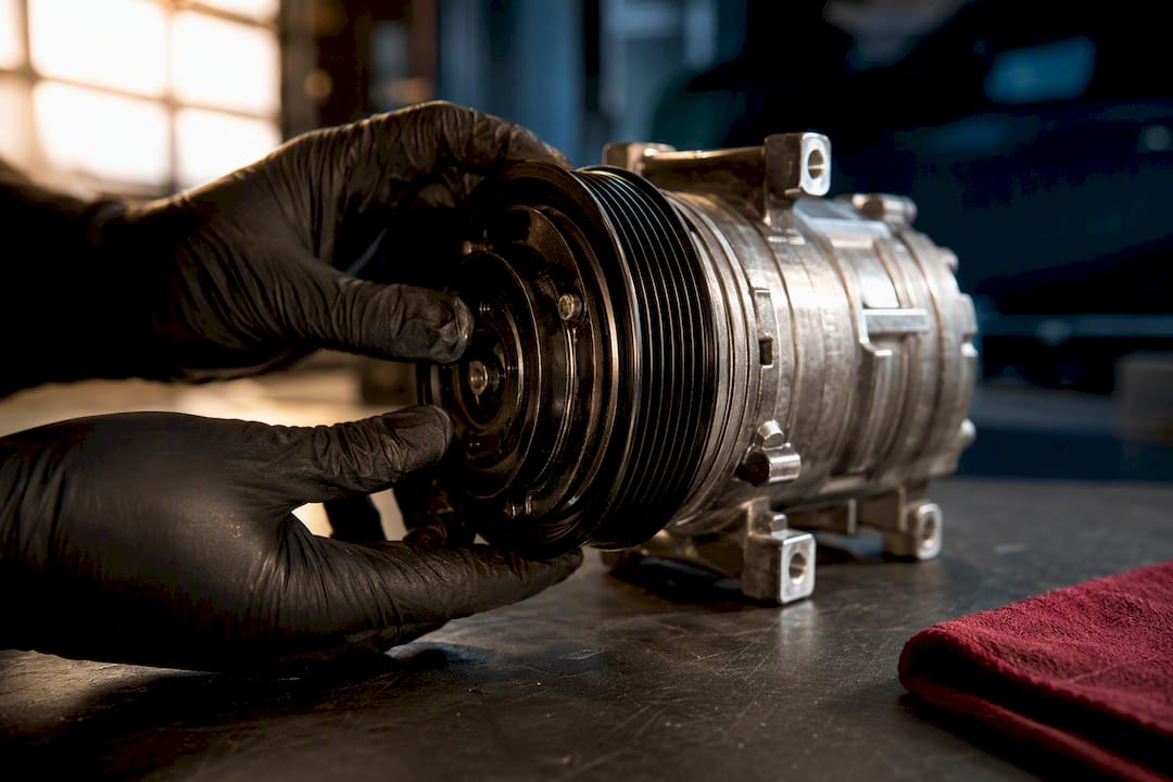 Technician inspecting an anonymous AC compressor pulley