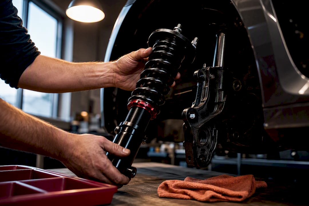 Technician verifying anonymous coilover fitment
