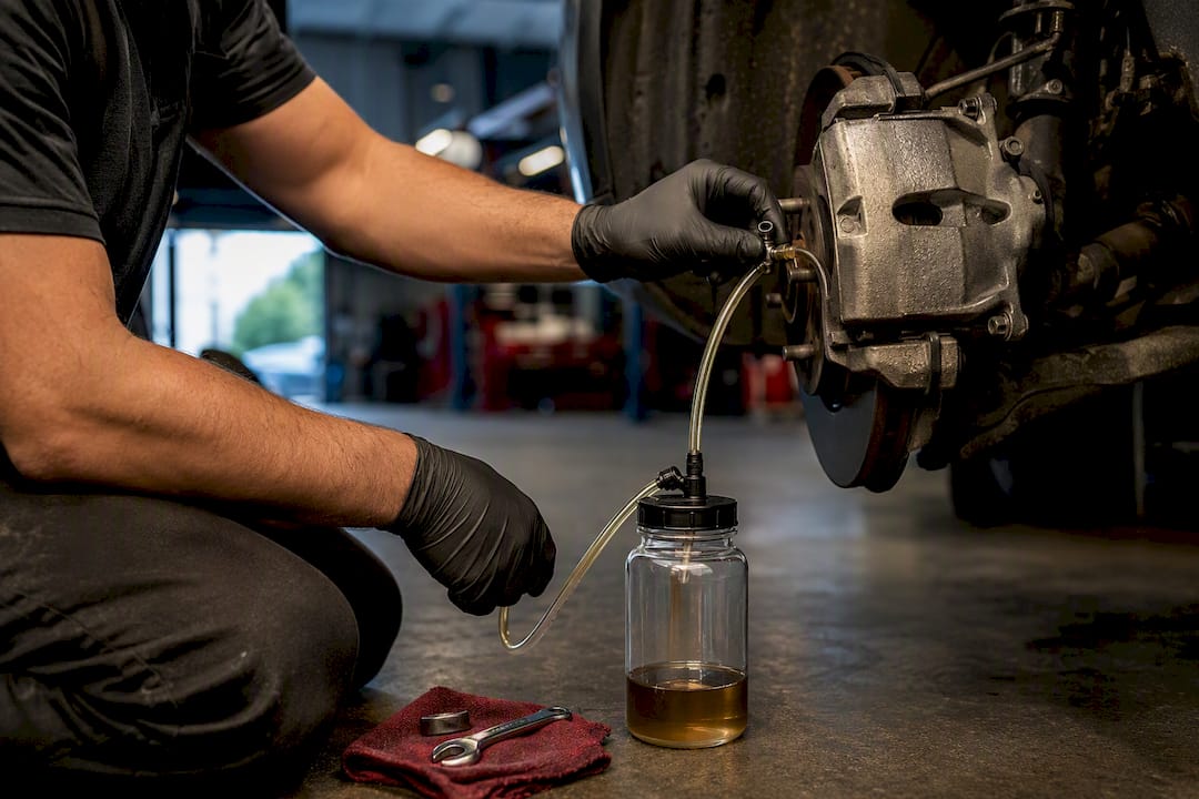 Technician performing a brake fluid flush