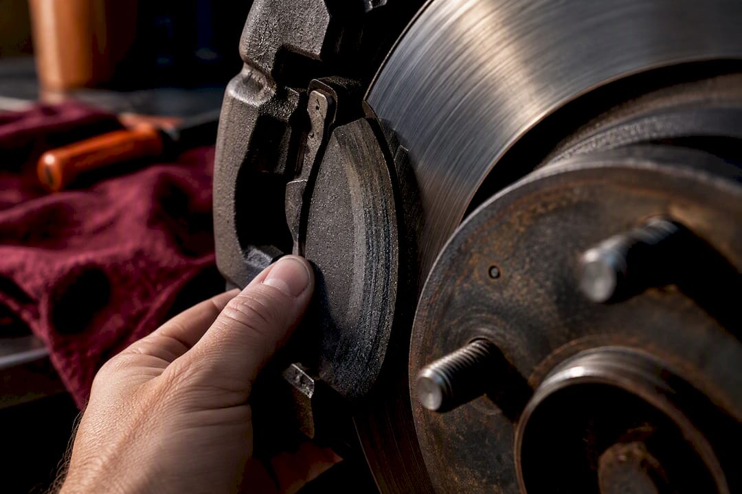 Brake pad meeting rotor during bedding inspection