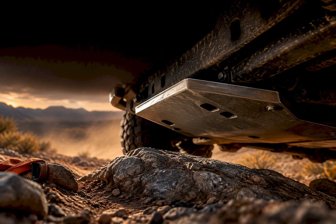 Skid plate shielding an off-road truck undercarriage