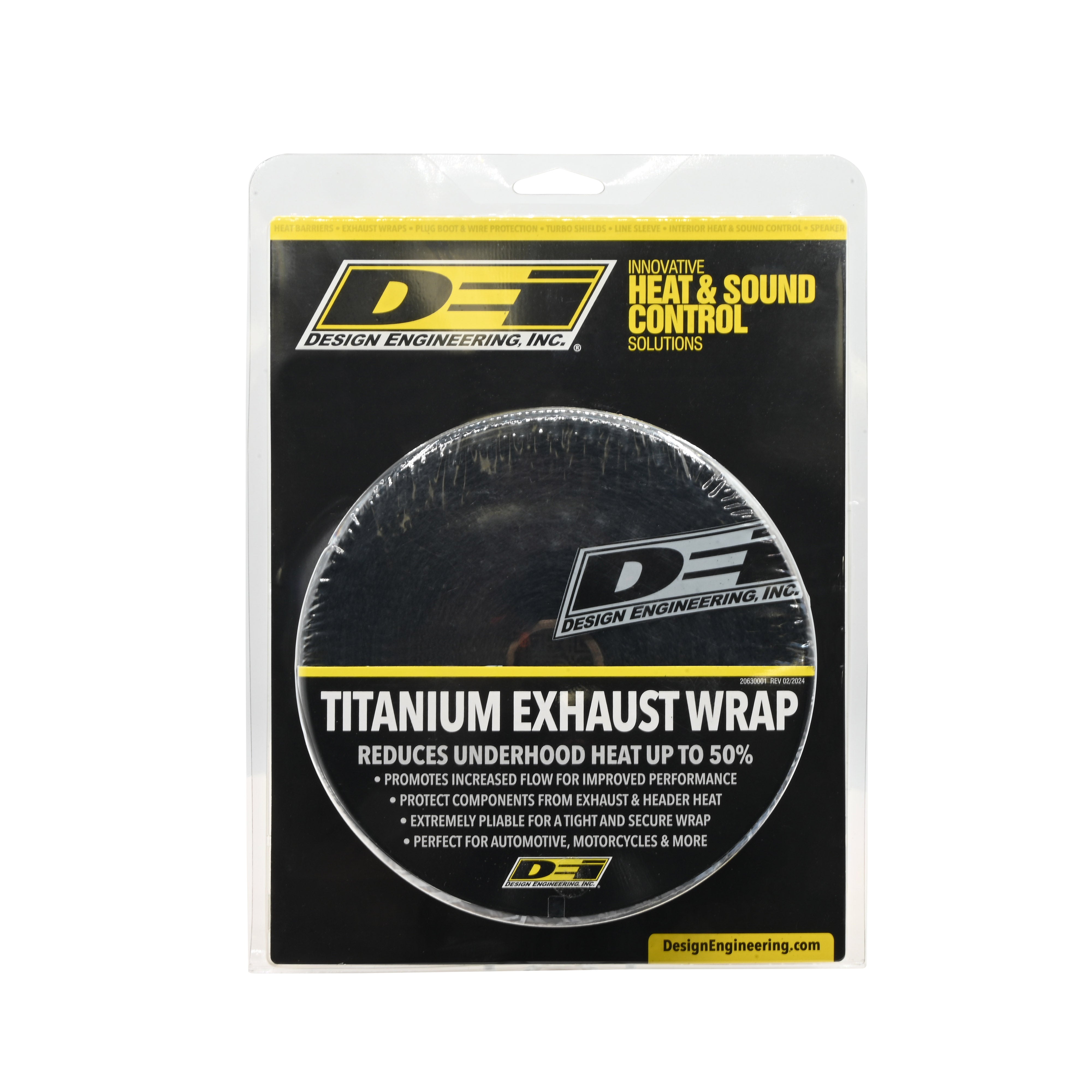 Design Engineering One 50 foot roll of 2 inch wide Black Titanium exhaust wrap. Exhaust Heat Shield