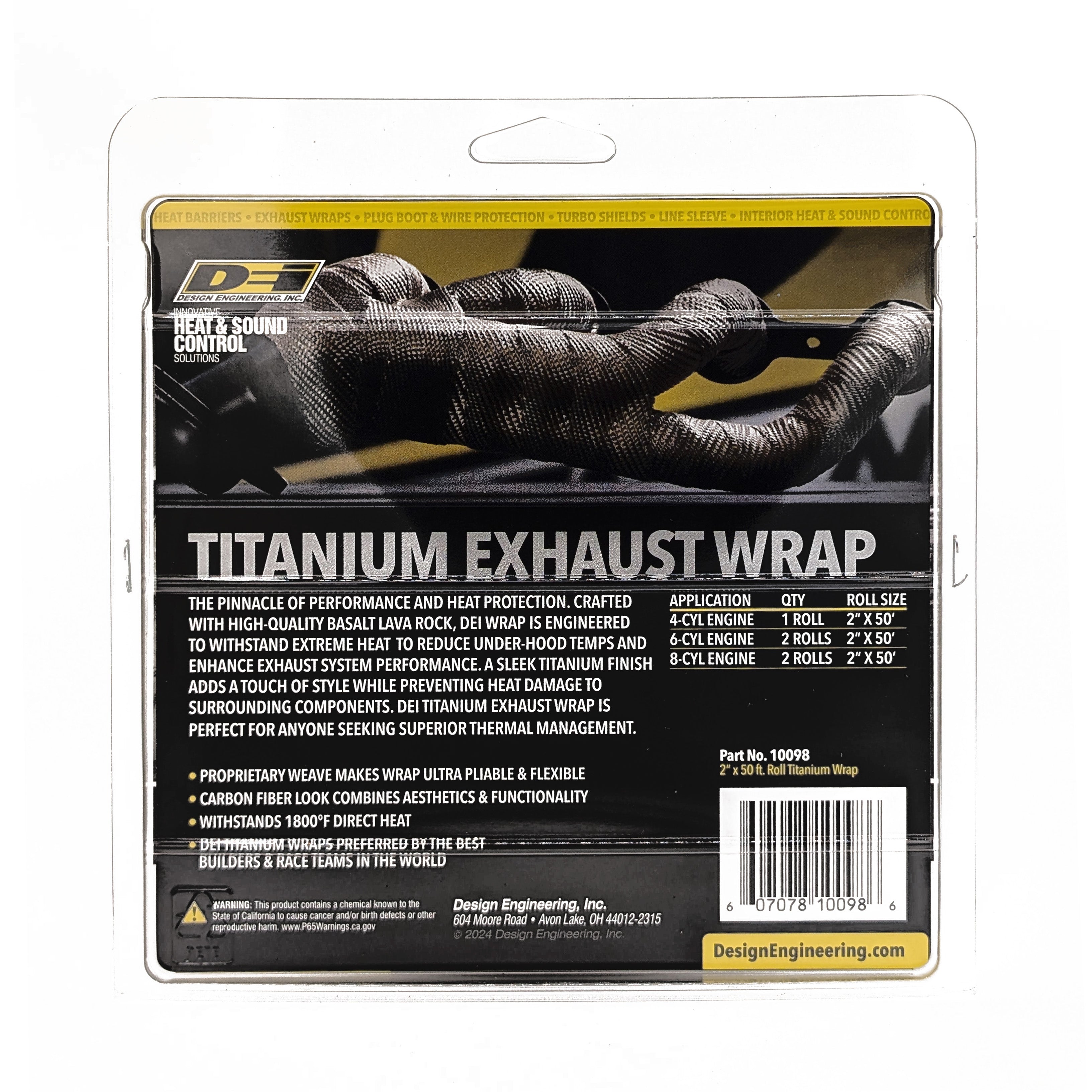Design Engineering One 50 foot roll of 2 inch wide Titanium exhaust wrap. Exhaust Heat Shield 10098