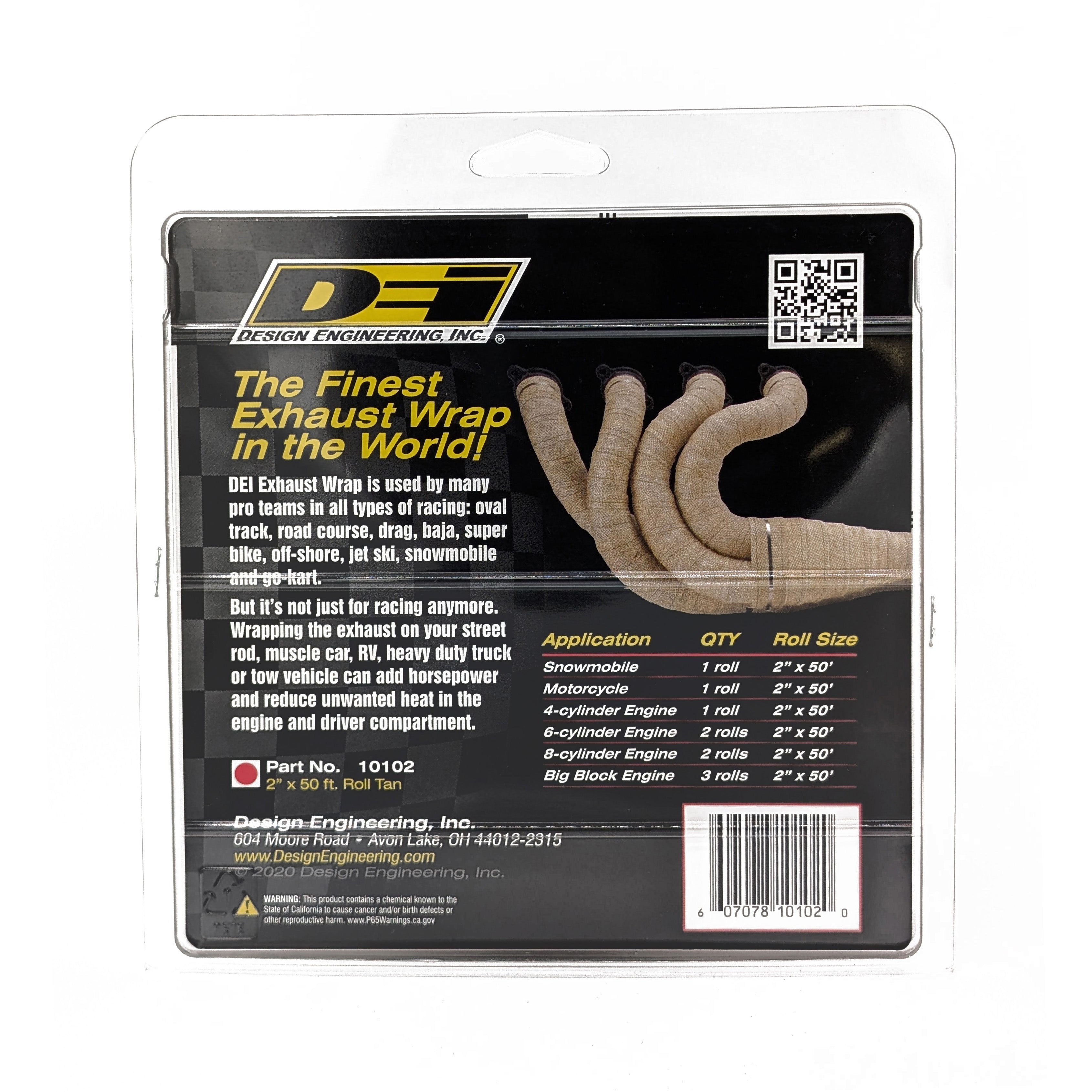 Design Engineering One 50 foot roll of 2 inch wide Tan Glass Fiber exhaust wrap. Exhaust Heat Shield