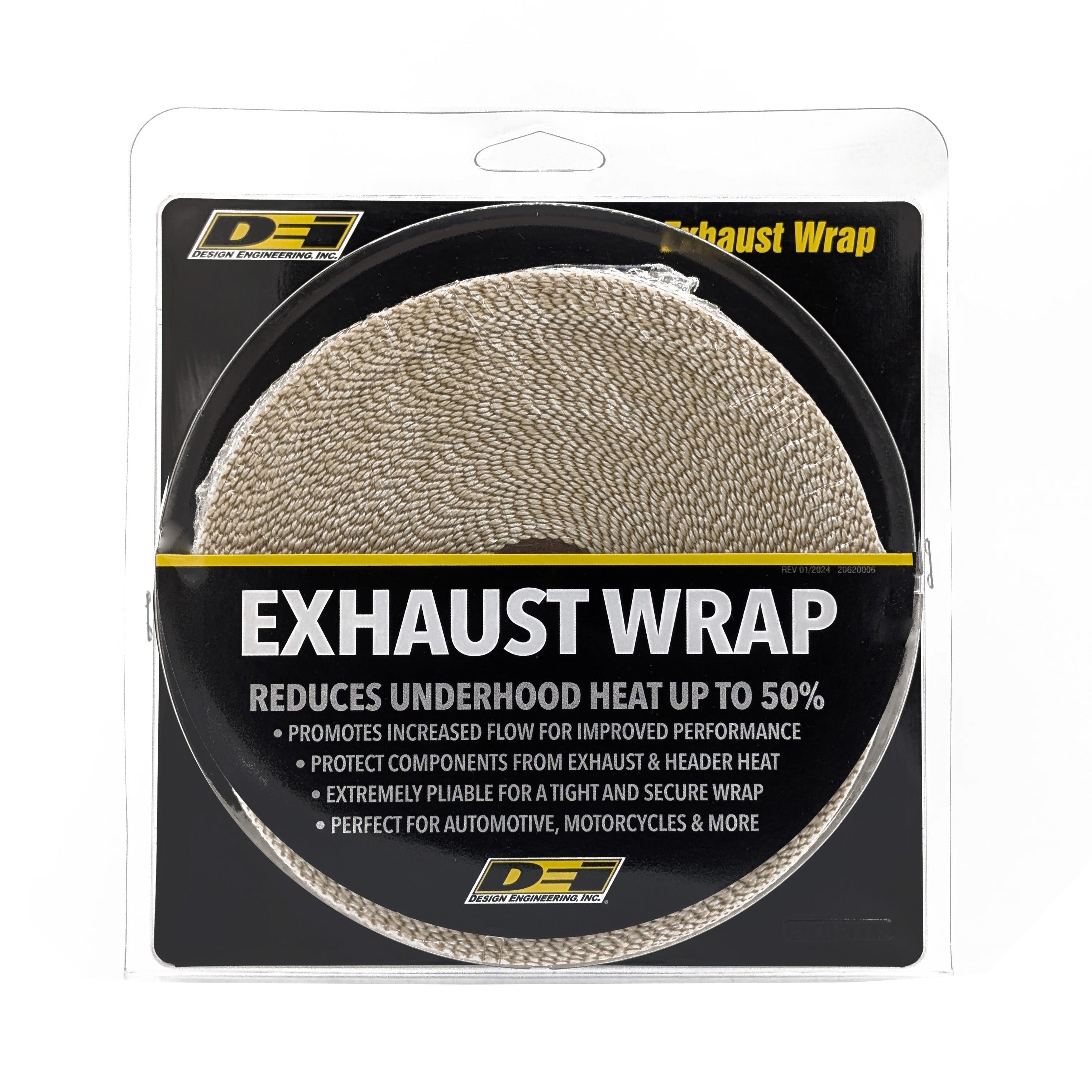 Design Engineering One 50 foot roll of 2 inch wide Tan Glass Fiber exhaust wrap. Exhaust Heat Shield