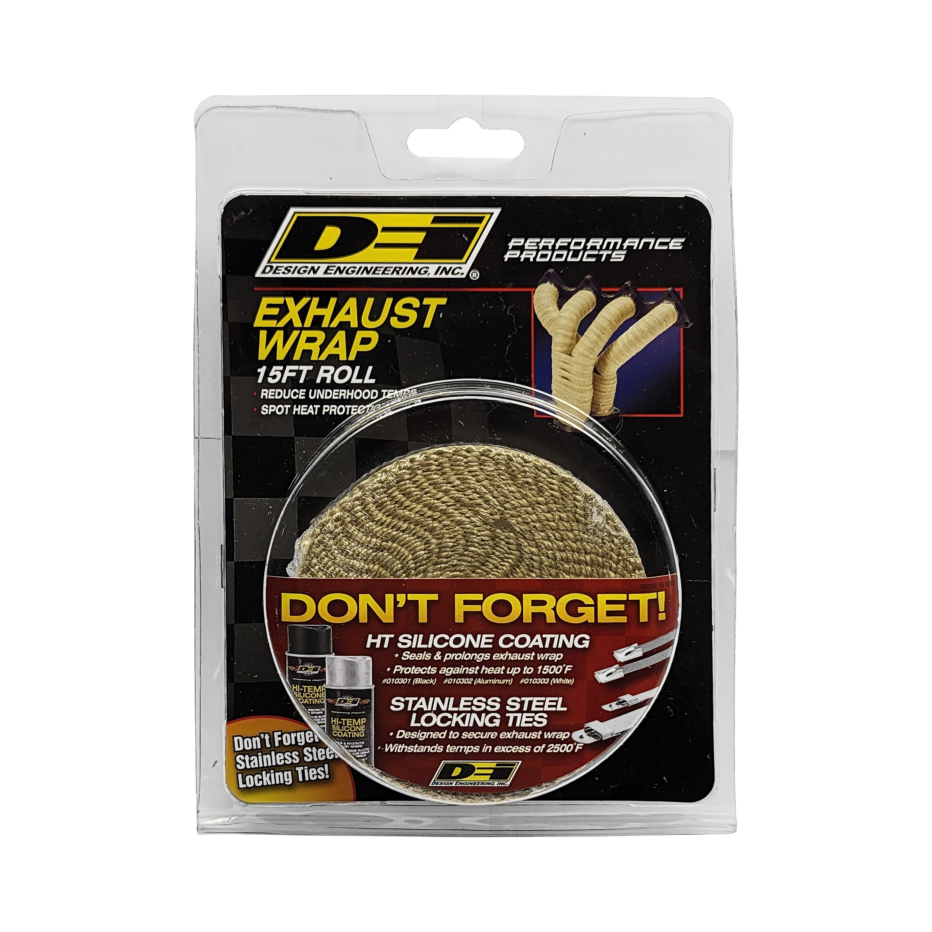 Design Engineering One 15 foot roll of 1 inch wide Tan Glass Fiber exhaust wrap. Exhaust Heat Shield